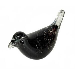 Hand Blown Art Glass Bird Paperweight Figurine Black Speckled Murano Style